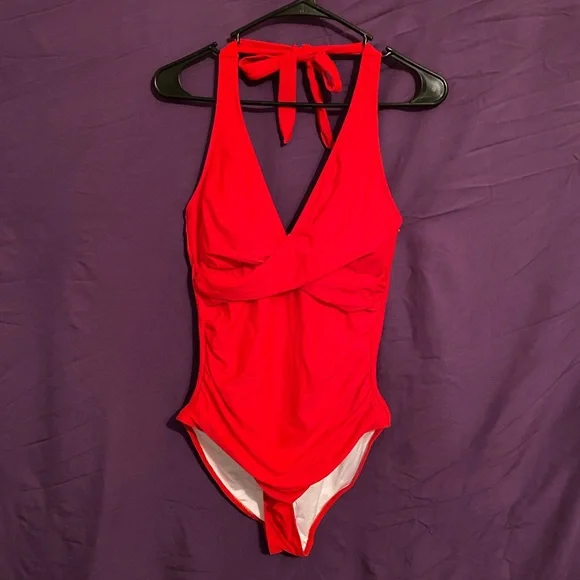 NWT Vibrant Red One Piece Swimsuit with Halter Neckline. Size S. - Picture 1 of 5